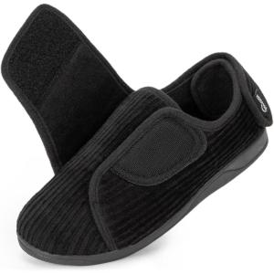 imageHomeTop Womens Corduroy Slippers Comfy Adjustable Hook and Loop Memory Foam Indoor Closedback House Shoes for Diabetic Swollen FeetMatt Black