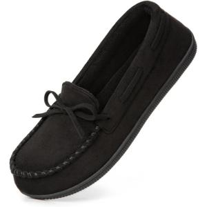 imageHomeTop Womens Moccasins House Slippers Indoor Outdoor Suede Faux Fur Rubber Sole Memory Foam House Shoes Sizes Breathable Microsuede Soft Home SlippersBlack