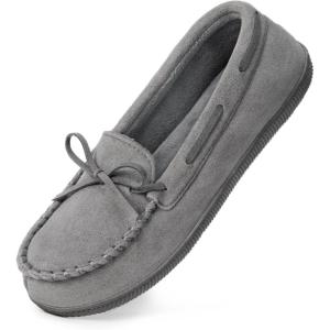 imageHomeTop Womens Moccasins House Slippers Indoor Outdoor Suede Faux Fur Rubber Sole Memory Foam House Shoes Sizes Breathable Microsuede Soft Home SlippersGrey