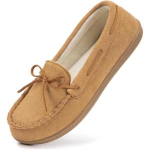 imageHomeTop Womens Moccasins House Slippers Indoor Outdoor Suede Faux Fur Rubber Sole Memory Foam House Shoes Sizes Breathable Microsuede Soft Home SlippersTan