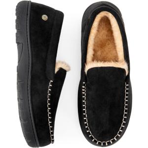 imageHomeTop Mens Classic Memory Foam Moccasin Slippers Warm Comfy Microsuede House Shoes for Indoor OutdoorMatt Black