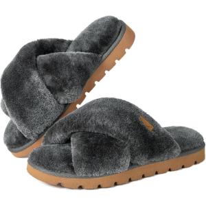 imageHomeTop Womens Cozy Fuzzy Cross Band Memory Foam House Slippers Soft Warm Fluffy Open Toe Slipper Breathable Indoor Outdoor Home ShoesDark Grey