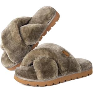 imageHomeTop Womens Cozy Fuzzy Cross Band Memory Foam House Slippers Soft Warm Fluffy Open Toe Slipper Breathable Indoor Outdoor Home ShoesTan