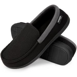 imageHomeTop Mens Comfort Memory Foam Moccasin Slippers Breathable Cotton Knit Terry Cloth House Shoes for Indoor OutdoorBlack
