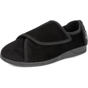 imageHomeTop Mens Corduroy Slippers Comfy Adjustable Hook and Loop Memory Foam Wide Indoor House Shoes for Diabetic Swollen FeetBlack