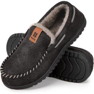 imageHomeTop Mens Suede Memory Foam Moccasin Slippers Soft Plush Warm Lining House ShoesBlack