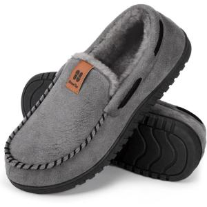 imageHomeTop Mens Suede Memory Foam Moccasin Slippers Soft Plush Warm Lining House ShoesGrey