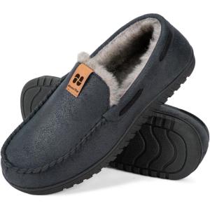 imageHomeTop Mens Suede Memory Foam Moccasin Slippers Soft Plush Warm Lining House ShoesNavy Blue