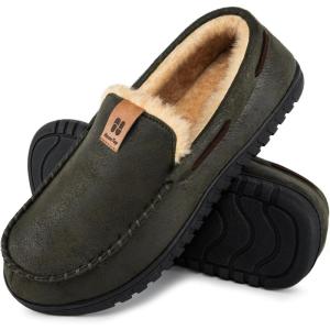 imageHomeTop Mens Suede Memory Foam Moccasin Slippers Soft Plush Warm Lining House ShoesWoodland Army Green