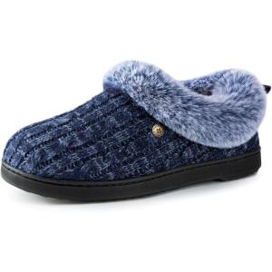imageHomeTop Womens Cable Knit Slippers Breathable Warm Comfy Nonslip Indoor Outdoor House Shoes with Fuzzy CollarNavy Blue
