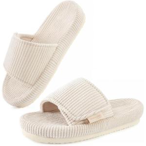 imageHomeTop Womens Corduroy Open Toe Slippers with Adjustable Closure Memory FoamCream White