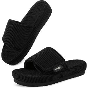 imageHomeTop Womens Corduroy Open Toe Slippers with Adjustable Closure Memory FoamMatte Black