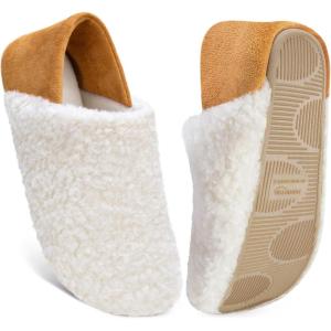 imageHomeTop Womens Plush Slippers with Collapsible Microsuede Heel Indoor House ShoesBrown White
