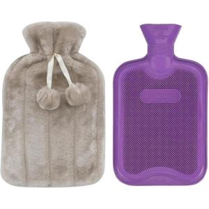 imageHomeTop Premium Classic Rubber Hot Water Bottle and Luxurious Faux Fur Plush Fleece Cover wPom Pom Decor BeigeBeigePurple