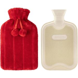 imageHomeTop Premium Classic Rubber Hot Water Bottle and Luxurious Faux Fur Plush Fleece Cover wPom Pom Decor BeigeRedWhite