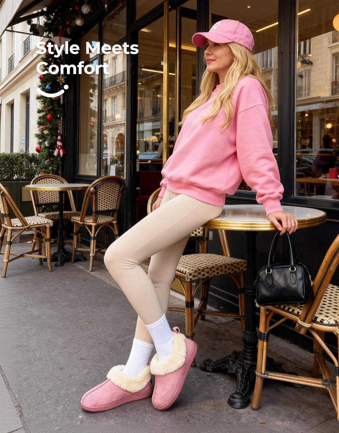 imageHomeTop Womens Closedback Slippers Faux Wool Warm Nonslip Outdoor Indoor House Shoes with Fuzzy CollarPuce Pink