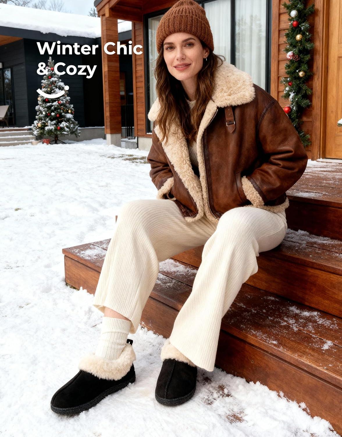 imageHomeTop Womens Closedback Slippers Faux Wool Warm Nonslip Outdoor Indoor House Shoes with Fuzzy CollarTimeless Black