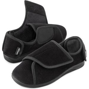 imageHomeTop Mens Corduroy Slippers Comfy Adjustable Hook and Loop Memory Foam Wide Indoor House Shoes for Diabetic Swollen FeetBlack