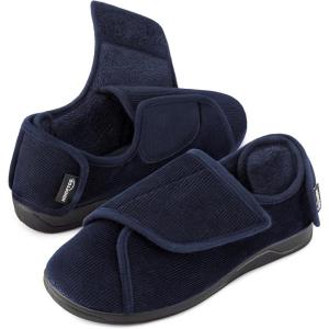 imageHomeTop Mens Corduroy Slippers Comfy Adjustable Hook and Loop Memory Foam Wide Indoor House Shoes for Diabetic Swollen FeetDeep Ocean Blue