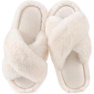 image:imageHomeTop Womens Fluffy Cross Band Slippers Soft Plush Indoor House SlidesAlabaster White