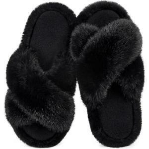 image:imageHomeTop Womens Fluffy Cross Band Slippers Soft Plush Indoor House SlidesClassic Black