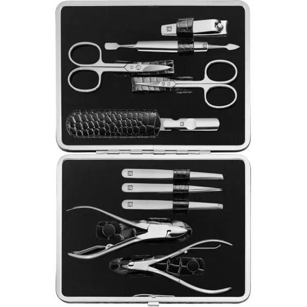 ZWILLING Beauty TWINOX Manicure and Pedicure Crocodile Pattern Cowhide Leather Case with Zip Closure, Nail Care Kit, 11-Piece, Premium Travel Nail Kit, Matte, Black