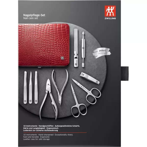 ZWILLING Beauty TWINOX Manicure and Pedicure Crocodile Pattern Cowhide Leather Case with Zip Closure, Nail Care Kit, 11-Piece, Premium Travel Nail Kit, Matte, Black