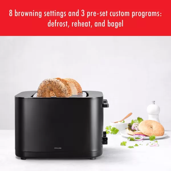 ZWILLING Enfinigy 2 Long Slot Toaster, 4 Slices with Extra Wide 1.5" Slots for Bagels, 7 Toast Settings, Even Toasting, Reheat, Cancel, Defrost, Black