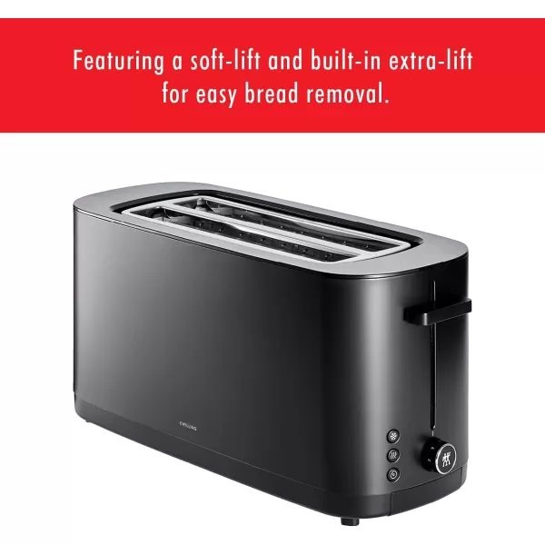 ZWILLING Enfinigy 2 Long Slot Toaster, 4 Slices with Extra Wide 1.5" Slots for Bagels, 7 Toast Settings, Even Toasting, Reheat, Cancel, Defrost, Black