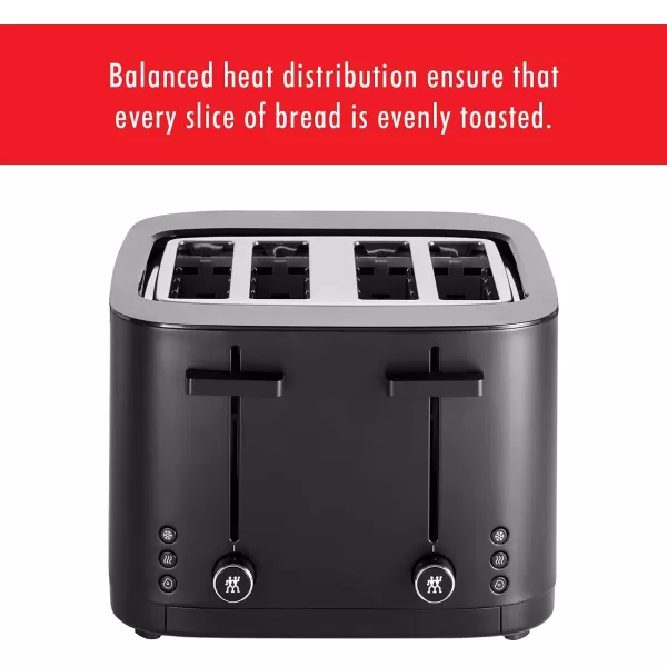 ZWILLING Enfinigy 2 Long Slot Toaster, 4 Slices with Extra Wide 1.5" Slots for Bagels, 7 Toast Settings, Even Toasting, Reheat, Cancel, Defrost, Black