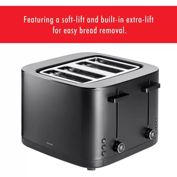 ZWILLING Enfinigy 2 Long Slot Toaster, 4 Slices with Extra Wide 1.5" Slots for Bagels, 7 Toast Settings, Even Toasting, Reheat, Cancel, Defrost, Black