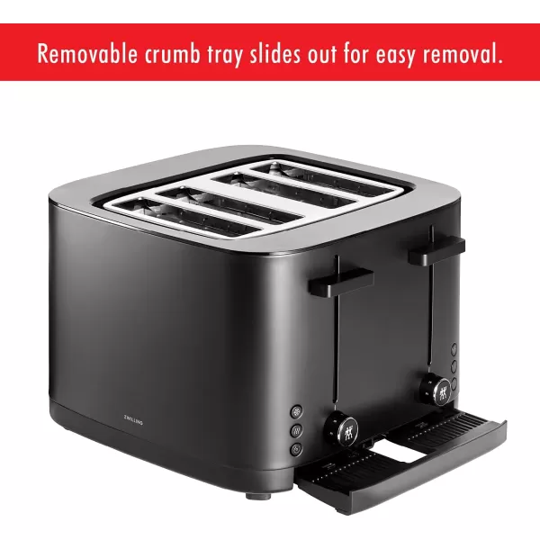 ZWILLING Enfinigy 2 Long Slot Toaster, 4 Slices with Extra Wide 1.5" Slots for Bagels, 7 Toast Settings, Even Toasting, Reheat, Cancel, Defrost, Black