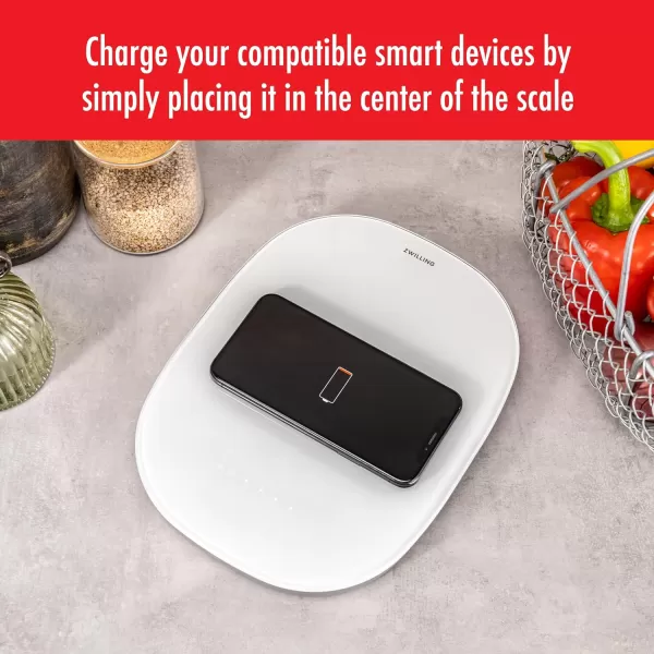 ZWILLING Enfinigy 2-in-1 Digital Kitchen Food Scale, Wireless Charging Station, Max weight 22lbs, Grams &amp; Ounces, .1-gram Accuracy, White