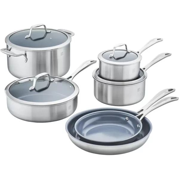 ZWILLING Spirit 3-ply 10-pc Stainless Steel Ceramic Nonstick Pots and Pans Set, Dutch Oven, Fry Pan