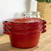 imageSTAUB Cast Iron Set 4pc Stackable SpaceSaving Cookware Set Dutch Oven Skillet Grill Pan with Universal Lid Made in France Matte BlackCherry