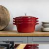 imageSTAUB Cast Iron Set 4pc Stackable SpaceSaving Cookware Set Dutch Oven Skillet Grill Pan with Universal Lid Made in France Matte BlackCherry