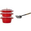 imageSTAUB Cast Iron Set 4pc Stackable SpaceSaving Cookware Set Dutch Oven Skillet Grill Pan with Universal Lid Made in France Matte BlackCherry