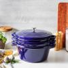 imageSTAUB Cast Iron Set 4pc Stackable SpaceSaving Cookware Set Dutch Oven Skillet Grill Pan with Universal Lid Made in France Matte BlackDark Blue