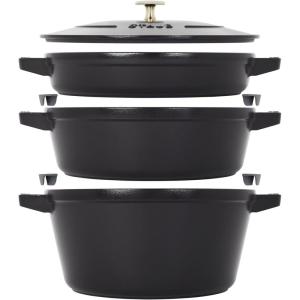 imageSTAUB Cast Iron Set 4pc Stackable SpaceSaving Cookware Set Dutch Oven Skillet Grill Pan with Universal Lid Made in France Matte BlackBlack