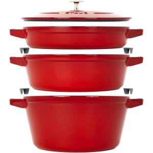 imageSTAUB Cast Iron Set 4pc Stackable SpaceSaving Cookware Set Dutch Oven Skillet Grill Pan with Universal Lid Made in France Matte BlackCherry