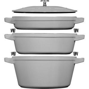 imageSTAUB Cast Iron Set 4pc Stackable SpaceSaving Cookware Set Dutch Oven Skillet Grill Pan with Universal Lid Made in France Matte BlackGraphite Gray