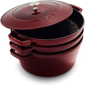 imageSTAUB Cast Iron Set 4pc Stackable SpaceSaving Cookware Set Dutch Oven Skillet Grill Pan with Universal Lid Made in France Matte BlackGrenadine