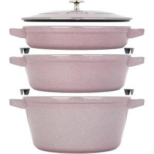imageSTAUB Cast Iron Set 4pc Stackable SpaceSaving Cookware Set Dutch Oven Skillet Grill Pan with Universal Lid Made in France Matte BlackLilac