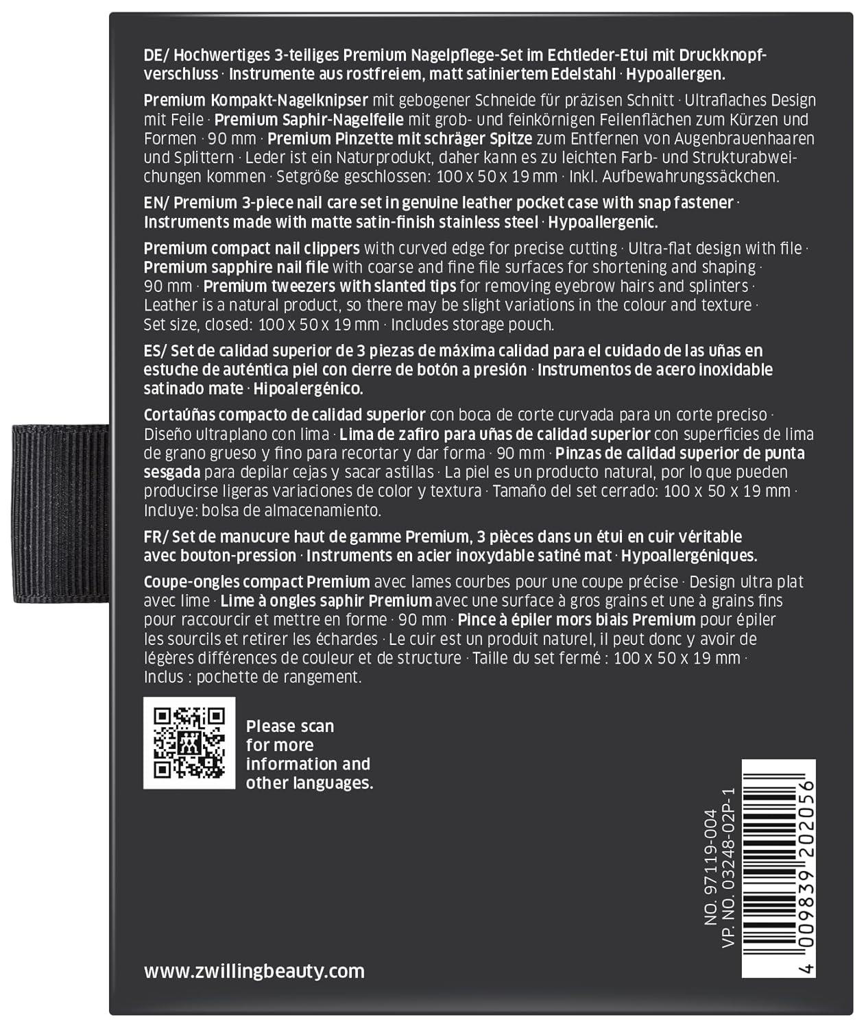 imageZWILLING Manicure Set 4 Piece Clippers Nail File Tweezers Leather Case Premium Black