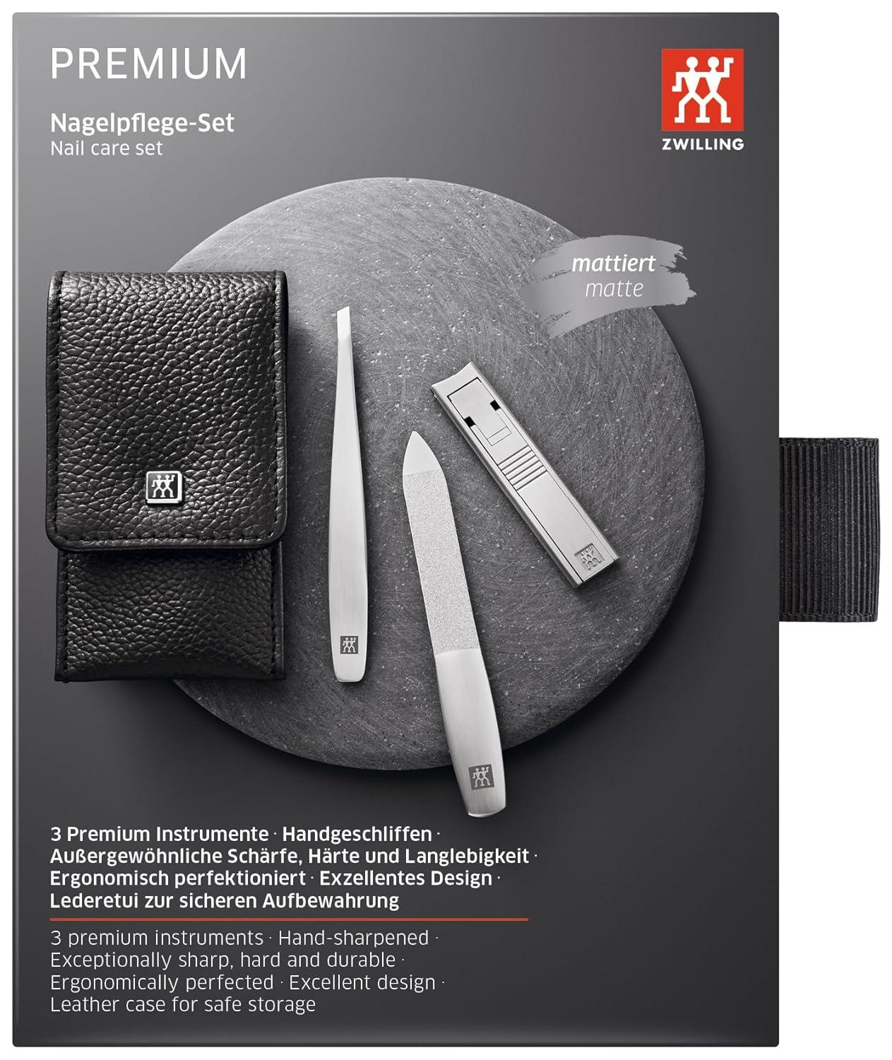 imageZWILLING Manicure Set 4 Piece Clippers Nail File Tweezers Leather Case Premium Black