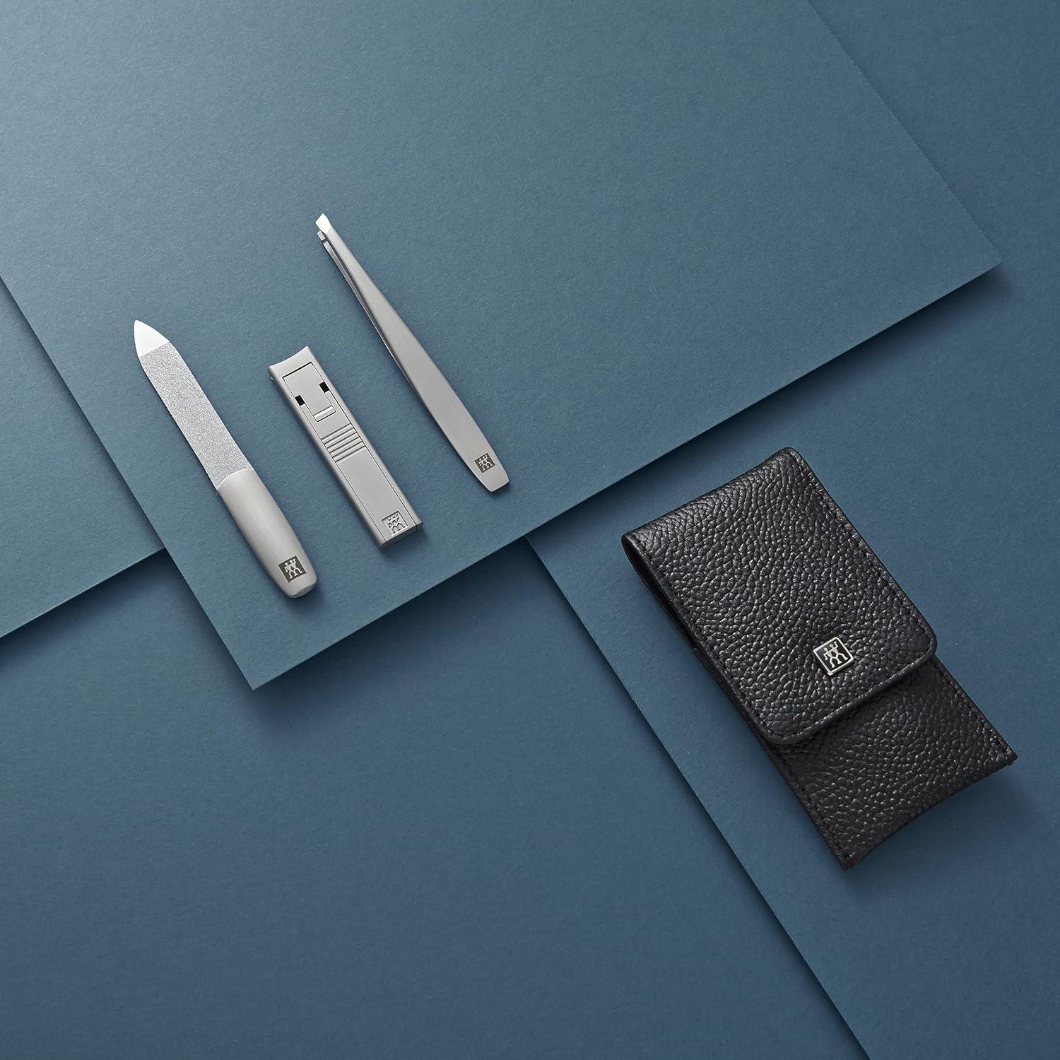 imageZWILLING Manicure Set 4 Piece Clippers Nail File Tweezers Leather Case Premium Black